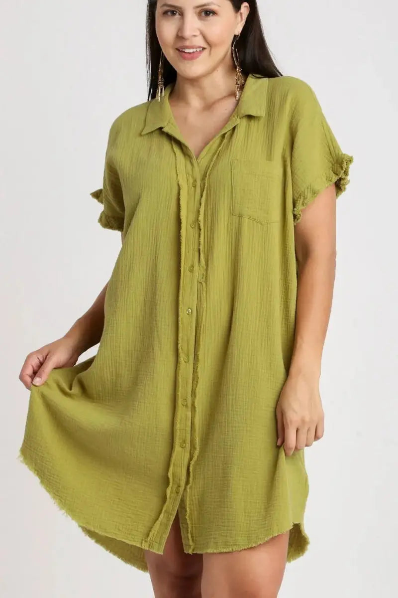 Umgee Full Size Raw Hem Button Down Short Sleeve Gauze Shirt Dress Plus Size - Love Salve